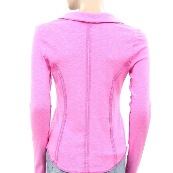 Pilcro Anthropologie Stitched Long-Sleeve Top Pink Collared Solid XXS - Picture 6 of 7
